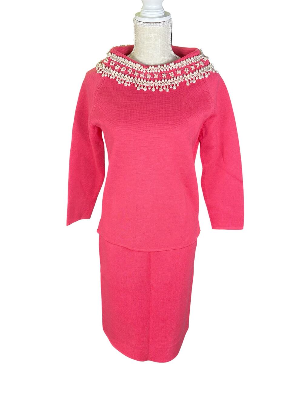 Vintage 1960s Diane Imports Skirt Set Wool Women's 12 Pink Pearls Two Piece
